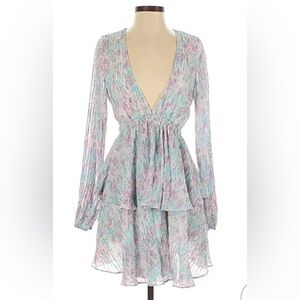 Long Sleeve Deep V Floral Dress in Pastel Lavender and Mint